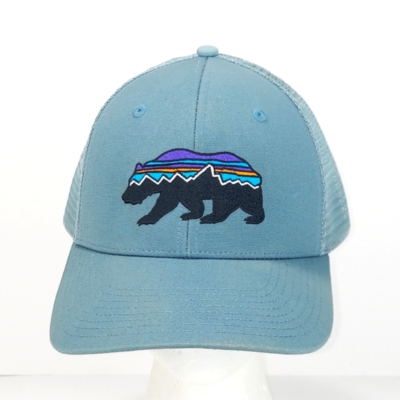 Patagonia Fitz Roy Bear Snap-Back Mesh Trucker Hat Aqua Organic Cotton - Picture 1 of 11